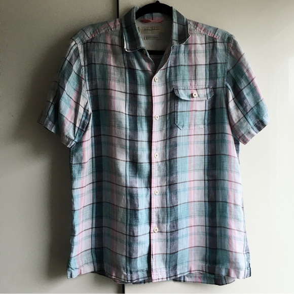 Tommy Bahama M pure linen plaid buttoned shirt collar pocket lightweight buttons - Picture 3 of 10